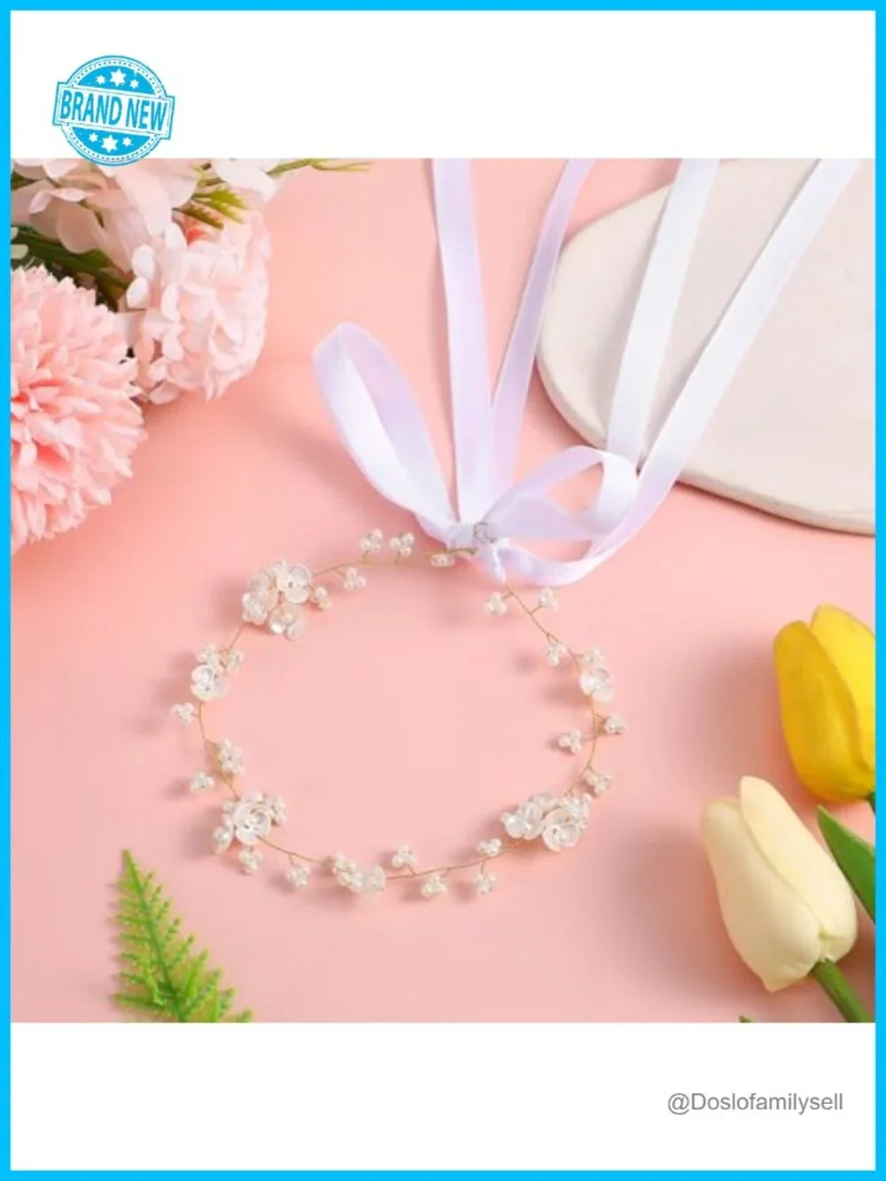 Pearl Flower Hairband with Ribbon Ties - Handmade Wedding Headpiece